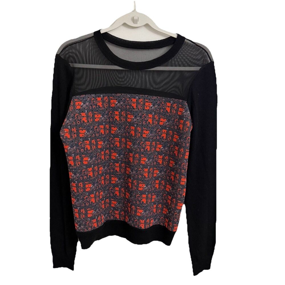 Sachin + Babi Blouse Womens Small Black Red Mesh Sheer Back Wool Longsleeve Top‎